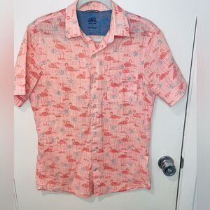 IZOD Saltwater Mens Hawaiian Pink Flamingos Print Short Sleeve shirt cruise sz S